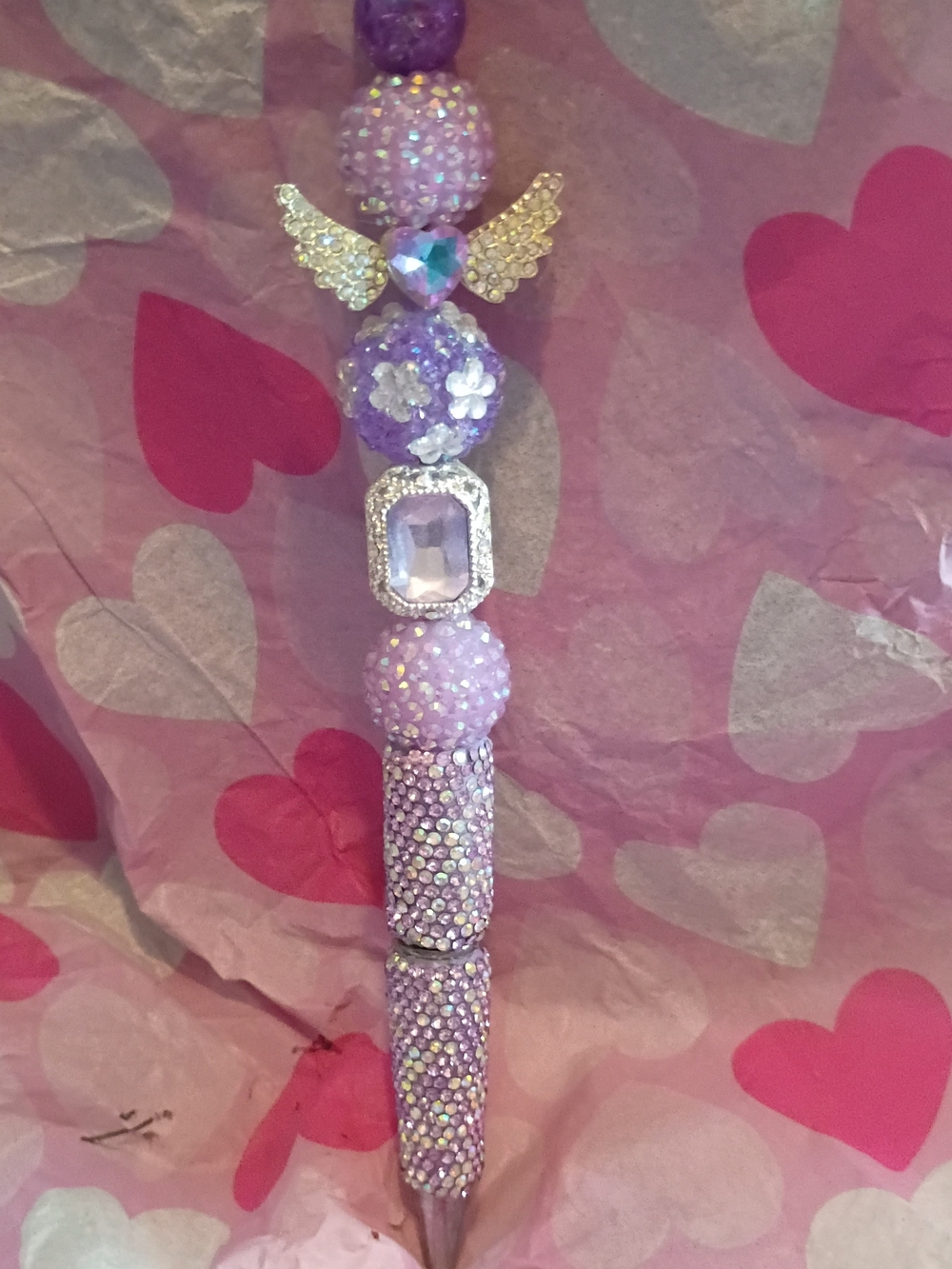 Handmade Lavender Crystal Beaded Decorative Pen with Angel Wing Charm